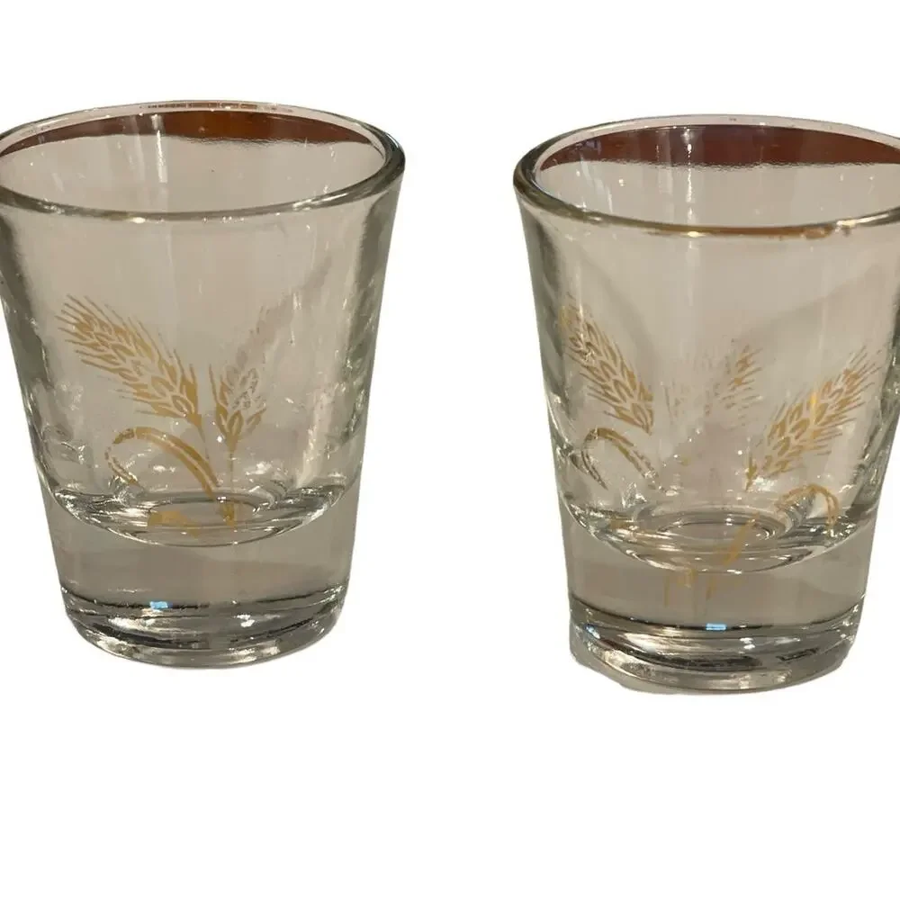 Vintage MCM Shot Glasses Set of 6 Anchor Hocking and Libbey Clear & Gold Wheat